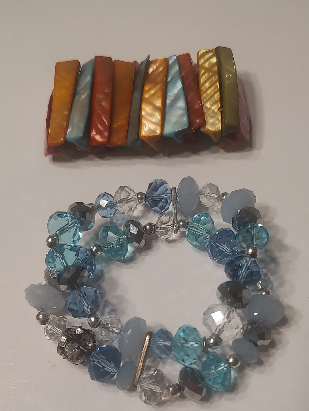 Layered blue glass bead & Vintage Rainbow Colored Mother of Pearl Bracelets Lot